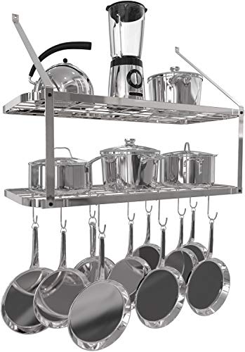 Vdomus Hanging Pot and Pan Rack - Kitchen Shelves Wall Mounted Shelf - Durable Cast Iron & Steel 2-Tier Pot Rack - Heavy-Duty Storage and Organization Home Solution - Easy Setup, Rust & Scratch Proof