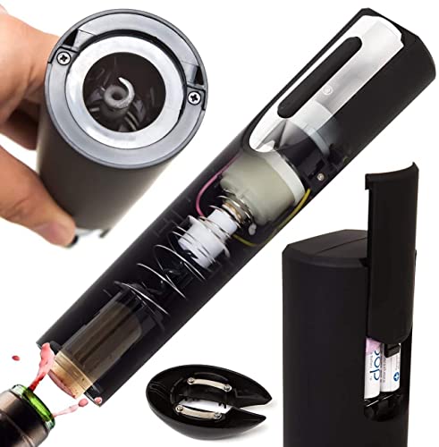 Vin Fresco Battery Powered Electric Wine Opener with Stand, Built-in Foil Cutter, 4 AA Batteries Included - Black & Silver