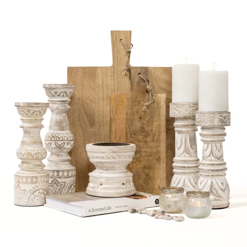 Set-of-2-medium-candle-holders | Decorative Wood Candle Holders Set | 9" high and 10" high | Medium Size White Washed Hand Carved Candle Holders for Table Centre Piece