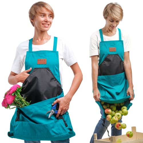 Gardening apron with pockets for women & men --100% Canvas with quick release lower pocket -- great gardening gift - Grace and August