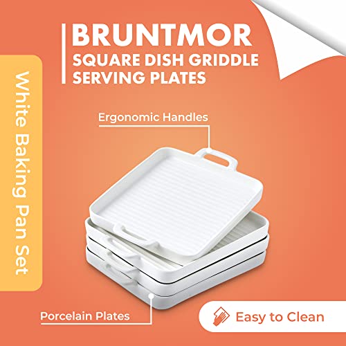 Bruntmor 8.5" x 7 Set Of 4 Porcelain Matte Oven to Table Bakeware Dinner Plates, for Oven Roasting Lasagna Pan with Handle Square Dish, White