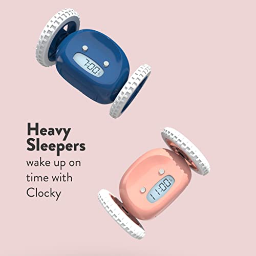 CLOCKY - Funny Gift, Loud Alarm Clock for Heavy Sleepers on Wheels (Adults Kids Teens Bedroom) Run Away Moving Jump Roll Vibrating, Cute Annoying, 1 Snooze, Digital, Wake Up Energized (Navy)