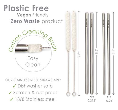 Reusable Metal Stainless Steel Straws: Replacement Set. 4 Reusable Straws + 2 Cotton Cleaning Brushes for Hot and Cold Drinks, Portable for Travel & Personal Use, 8.5 inches, by Ecotribe