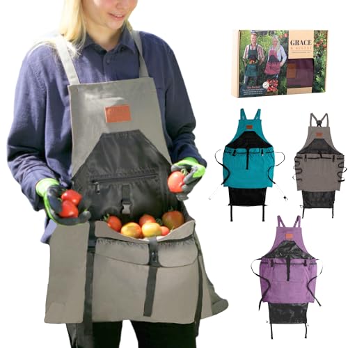 Gardening Apron with Pockets for Women & Men - Garden Apron 7 Pockets & Internal Drawstring Bag - Great Gift for Gardener (Grey Pumpkin)