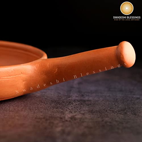 SWADESHI BLESSINGS Unglazed Clay Frying Pan/Earthen Wok/Clay Skillet, 10 Inches Exclusive Range/Curry Sauce Pan/Griddle/Spider Fry Pan