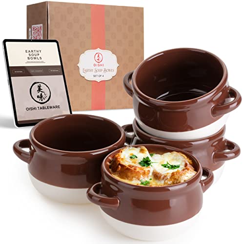 Set of 4 French Onion Soup Crocks 16 Oz Glazed Ceramic Bowls Handles Oven Safe