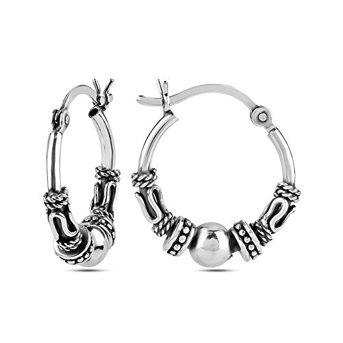 LeCalla 925 Sterling Silver Oxidized Balinese Jewelry Antique Lightweight Spiral Bali Hoop Earrings for Women Teen