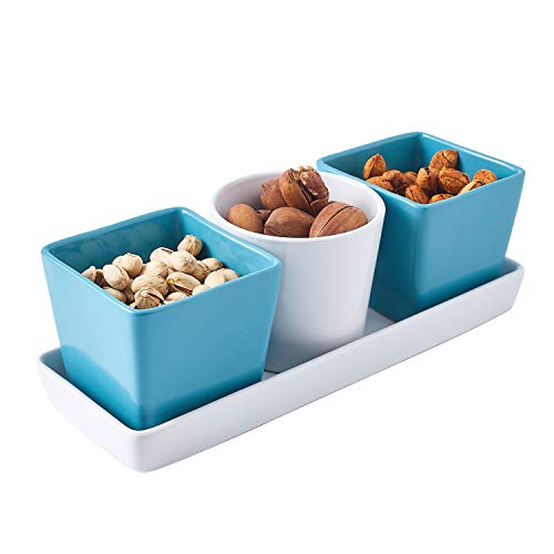 Bruntmor 4-Piece Ceramic Square and Round Serving Bowl Set with Tray in White and Teal, Ceramic Chip and Dip Bowls, Small Ceramic Dish