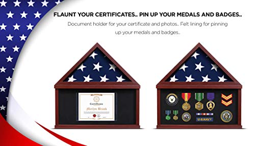 flybold Large Flag Case for American Veteran Burial Flag - Solid Wood Military Shadow Box with Wall Mount fits a 5 x 9.5 ft Folded Flag Display Case Set with Certificate Holder - Mahogany Frame