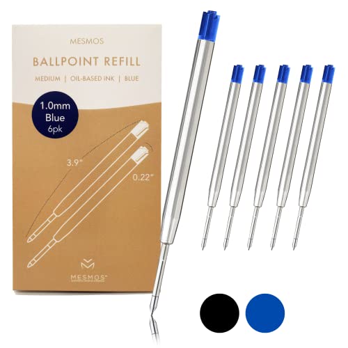 MESMOS 6 Pack 3.9 inch (9.8cm) Pen Refills Ballpoint Blue Ink, Compatible with Ballpoint Parker Pen, Replacement Ink Pen Refills, 1.0mm Smooth Writing Medium Tip, Ink Cartridge Pen (Blue Ink)