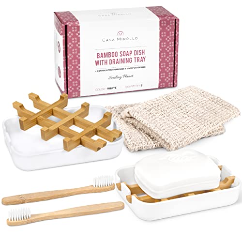 Casa Mirello Soap Holder 2 Exfoliating Soap Saver Bags 2 Toothbrush Set