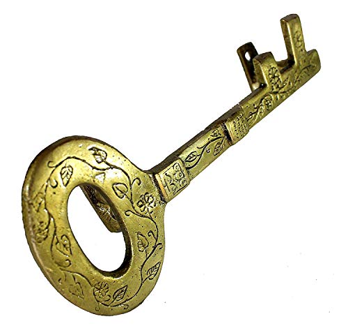 Esplanade 7.5" Brass Treasure Key Design Door Handle  Single Piece Door Decor