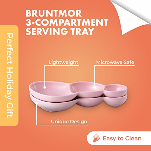 Bruntmor 3-Compartment Modern Matte Porcelain 10.5" Long Appetizer Serving Tray Triplet Bowl, Bowl Set 2 Pink