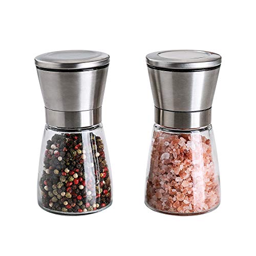 Salt and Pepper Grinder Set with Stand-Premium Quality Stainless Steel & Glass - Salt and Pepper Shaker with Adjustable Coarseness & Ceramic Mechanism