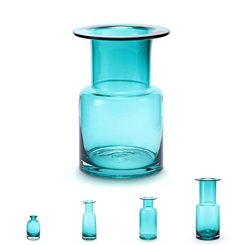Glass Vase for Flowers, Clear Blue Green, 7.7” Tall - Handmade, Wide Vintage Blue Vases with Bottle Shape for Living Room, Kitchen - Luxurious, Elegant Turquoise Home Decor