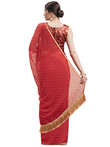 Craftstribe Chiffon Stone Work Sari Indian Wedding Bollywood Red Saree for Women