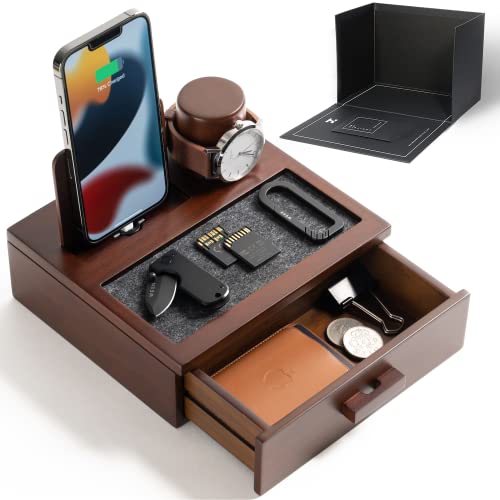 Nightstand Organizer For Men - Wood Phone Docking Station to Charge Your Phone and Organize Your Watch & Accessories - Wood Charging Station with Lined Tray & Drawer - Mens Docking Station Organizer