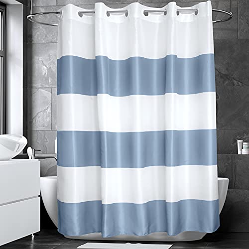 Toni & Graci Hook Free Modern Shower Curtains for Bathroom – Waterproof - Easy Installation- White and Blue Striped Shower Curtain - 71” x 74”