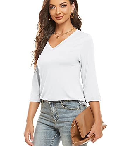 LIOFOER Womens Tops 3/4 Sleeve Blouses V Neck Basic T Shirts White