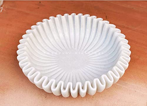 Swadeshi Blessings Handcrafted Marble Ruffle Bowl/antique Scallop Bowl 9 Inches