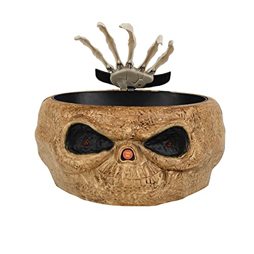 Homarden Animated Halloween Skull Bowl - Large Plastic Skull Candy Bowl with Creepy Moving Skeleton Hand - Motion Activated, Light Up Eyes, Monster Sound Effects (Brown)