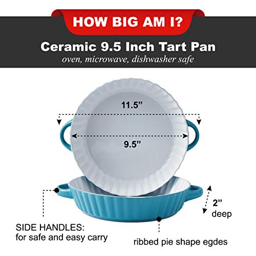 Bruntmor Ceramic Pie Pan with handle for Baking - 9.5 inch - Deep and Fluted Pie Dish for Old Fashion Apple Pie, Quiche, Pot Pies, Tart, etc - Modern Style Porcelain Ceramic Pie Pan- Teal (Set of 2)