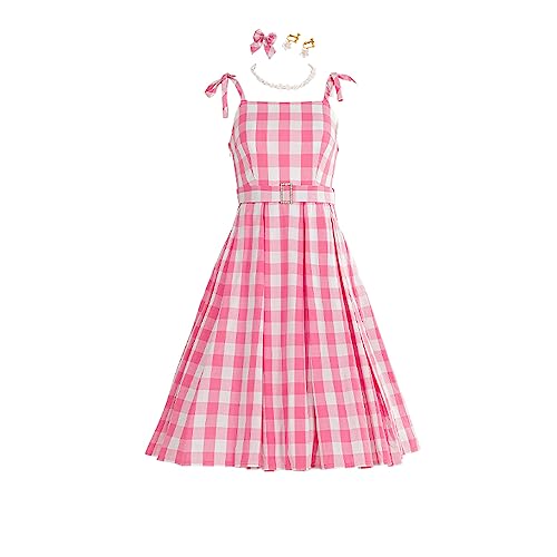 Margot Robbie Cosplay Costume 2023 Movie Barbii Pink Plaid Dress XLarge