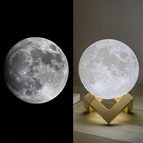 Mydethun 3D Moon Lamp with 7.1 Inch Wooden Base - LED Night Light, Mood Lighting with Touch Control Brightness for Home Décor, Bedroom, Gifts Kids Women New Year Birthday - White & Yellow…