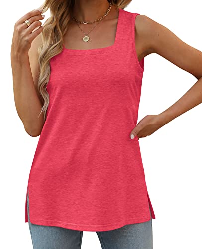 Summer Tops for Women 2023 Trendy Square Neck Sleeveless T-Shirts Red Small