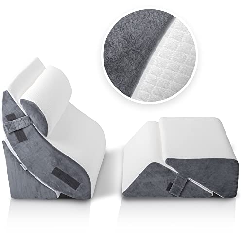 Luxone Replacement Cover Set 5 Pcs Adjustable Relaxing System w/ Leg Elevation Pillow [Covers ONLY] - White Diamond-Pattern Bamboo and Charcoal Grey Plush Side