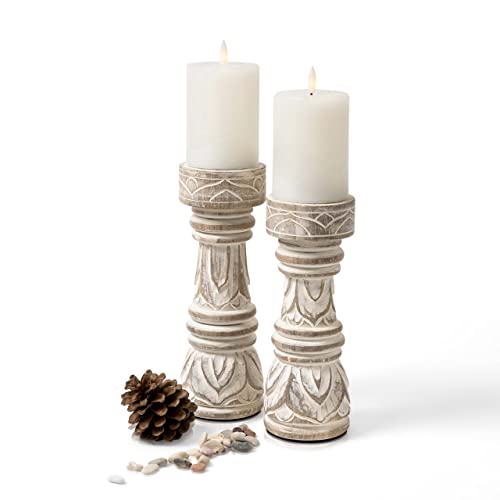 Set-of-2-medium-candle-holders | Decorative Wood Candle Holders Set | 9" high and 10" high | Medium Size White Washed Hand Carved Candle Holders for Table Centre Piece