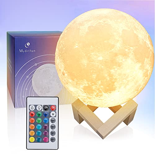 Mydethun 16 Colors Moon Lamp - Home Décor, Moon Light with Brightness Control, LED Night Light, Bedroom, Living Room, Bathroom, Mothers Day Gifts, Women Kids Birthday Gift, Wooden Base, 7.1"