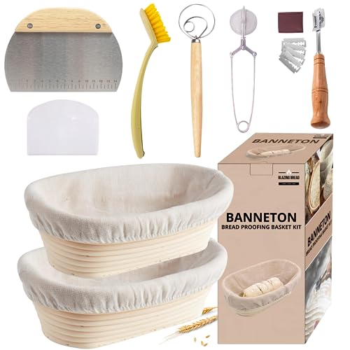 TRAILBLAZE Banneton Bread Proofing Basket Set of 2 - Sourdough Bread Baking Supplies Bread Lame, Dough Whisk, Scraper, Flour Duster (2x Oval Basket Kit)