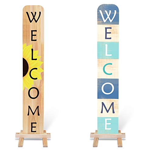 flybold Welcome Sign for Front Porch Outdoor Welcome Signs for Porch Home Sign for Front Porch Sign Wood Vertical Double Sided 5 ft All Season Antifade Wooden Standing Sign for Front Door Decor