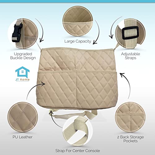 JT HOME Car Net Pocket Handbag Holder Between Seats, Luxury Quilted PU Leather Purse Car Organizer With 2 Extra Pockets For Storage, Beige