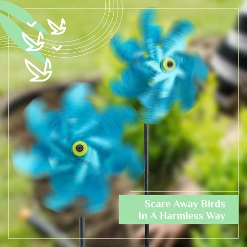 BIRD BLINDER Premium PinWheels – Sparkly Blue Holographic Wind Spinners Scare Off Birds (Set of 8) - Bird Deterrent Device for Outdoor - Humanely Keep Birds Away