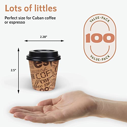 Upper Midland Products Pack Of 100 2.5 Oz Disposable Espresso Cuban Coffee Mini Cups With Lids, Paper Cups With Plastic Dome Sip Lid Sample Size Multi Use (100 Count (Pack of 1))