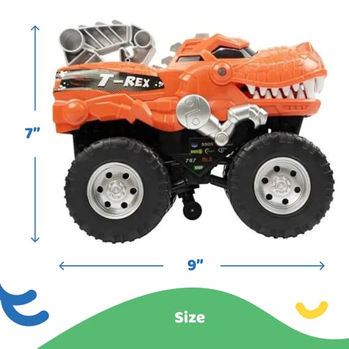 BUILD ME Powerful Dinosaur Monster Truck with Chomping, Roaring T-Rex - Battery Powered Lights Up with Engine Sounds- Great Dinosaur Toys for Boys and Girls