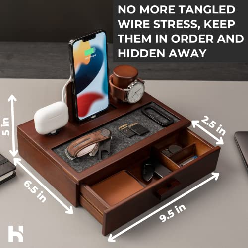 Holme & Hadfield Nightstand Organizer for Men for Dad - Wood Phone Docking Station for Men to Charge Phone & Earbuds - Wood Charging Station with Lined Tray & Drawer - Mens Docking Station