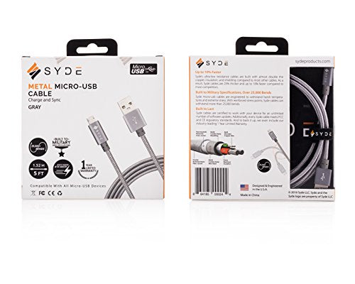 SYDE METAL Micro USB Cable 2.0 (5ft) - Reinforced, Quick Charge 3.0 Compatible, Premium, Military-Grade, Double-Nylon Braided, rapid charger for Samsung, Nexus, Motorola, Android (Gray)