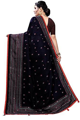 Chandrakala Sarees for Women Cotton Madhubani Print Mirror Work Indian Traditional Sari with Unstitched Blousepiece, Black (1412BLA)