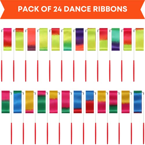 Gymnastics Ribbon Wands Set of 24 - Ribbon Dancer Wand for Kids - Rhythmic Dance Ribbon Rainbow Party Favors for Kids - Rainbow Party Decoration - Rainbow Silk Streamers - Princess Birthday Goodie Bag