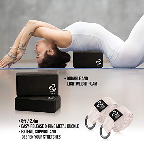 pete's choice 2 Yoga Blocks + 2 Yoga Straps - Yoga Starter Kit for Beginners I Ideal Yoga Gift I Great for Home Indoor Exercises, Home Yoga