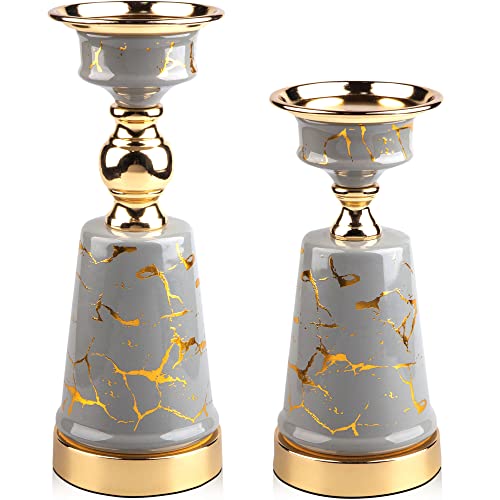 Featuret Design Gray and Gold Pillar Candle Holders Set of 2 - Elegant Decorative Stands for Table Centerpiece