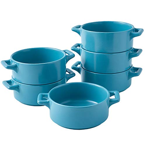 Bruntmor Ceramic 10 Oz Porcelain Round Double Handle Ramekins Set Of 6 Teal Blue