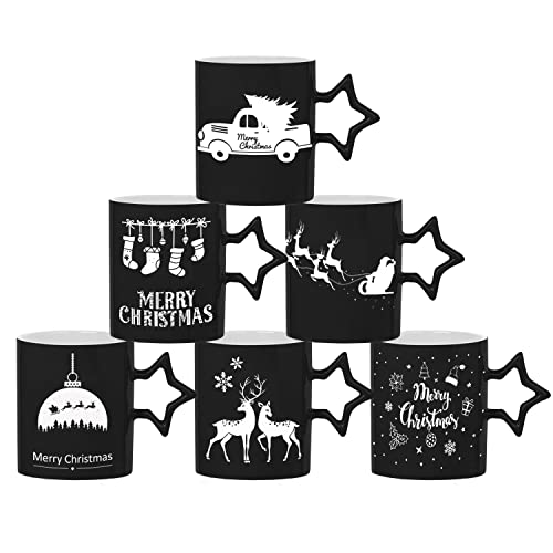 Bruntmor Star Handle Set of 6 Large-sized 14 Ounce Funny Christmas New Year Holidays Novelty Mugs Black