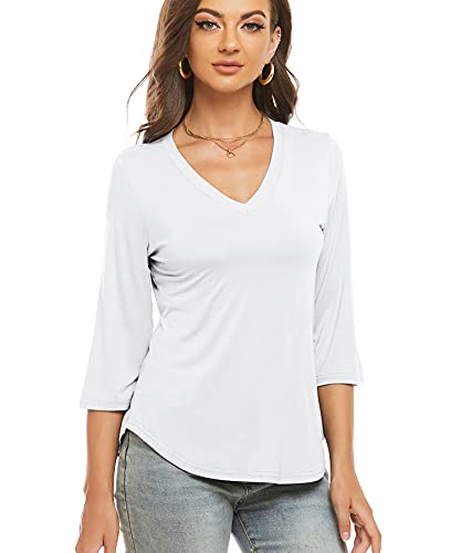 LIOFOER Womens Tops 3/4 Sleeve Blouses V Neck Basic T Shirts White