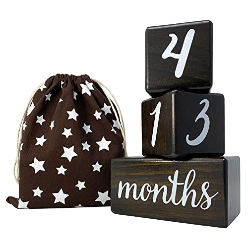 Natural Baby Milestone Blocks for Boy or Girl Dark Brown Age Block Set