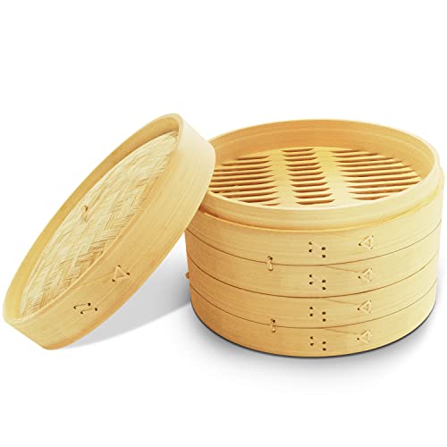 10 Inch Bamboo Steamer Basket | 2 Tier Natural Bamboo Dumpling Steamer with Lid used for Healthy Food Prep - Great for Dim Sum, Chicken, Fish, Veggies, Air Fryer