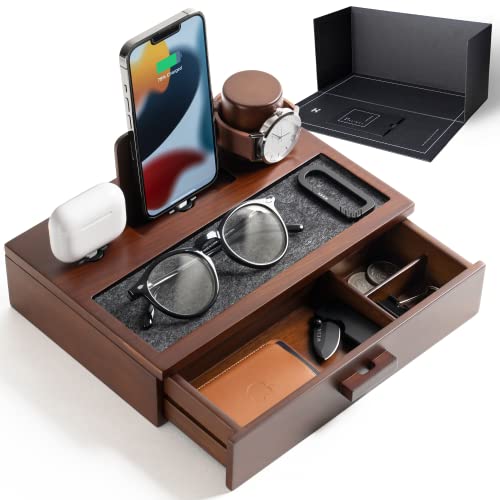 Holme & Hadfield Nightstand Organizer for Men for Dad - Wood Phone Docking Station for Men to Charge Phone & Earbuds - Wood Charging Station with Lined Tray & Drawer - Mens Docking Station